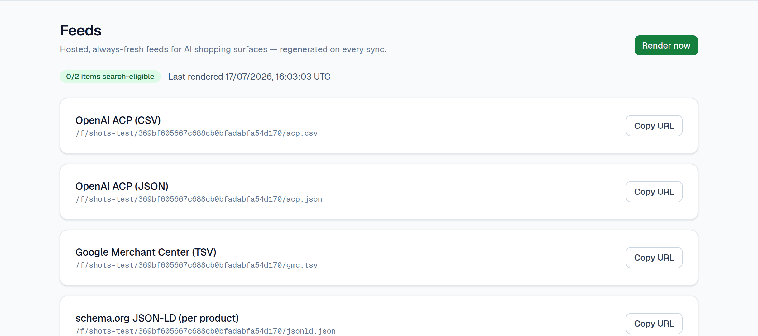 Hosted feed URLs for OpenAI ACP, Google Merchant Center and JSON-LD
